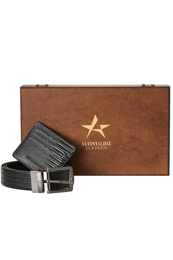 ALTINYILDIZ CLASSICS ALTINYILDIZ CLASSICS Men's Black Special Wooden Belt with Gift Box - Card Holder Accessory Set Groom's Pack