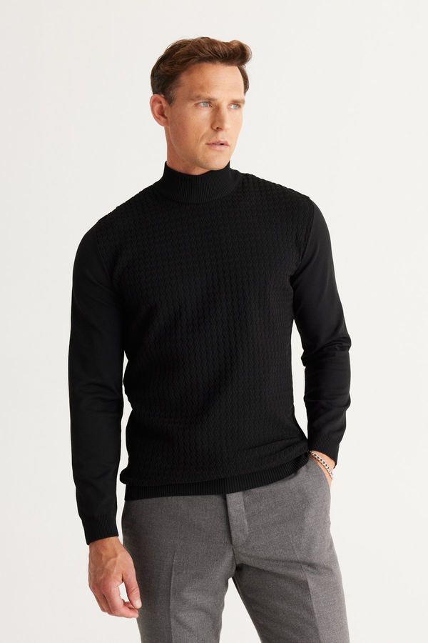 ALTINYILDIZ CLASSICS ALTINYILDIZ CLASSICS Men's Black Standard Fit Normal Cut Half Turtleneck Jacquard Knitwear Sweater