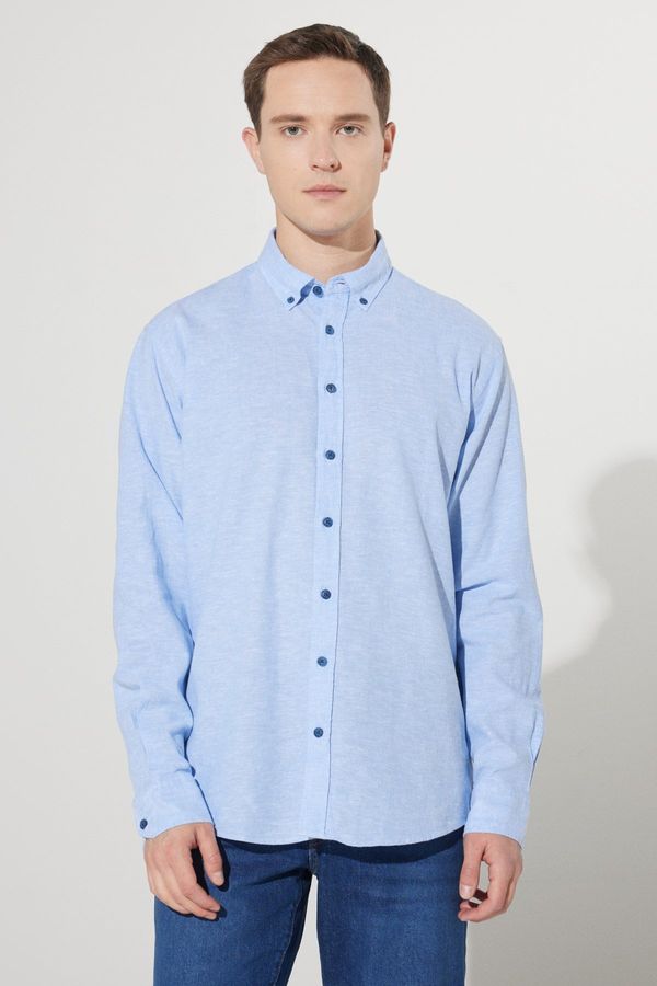ALTINYILDIZ CLASSICS ALTINYILDIZ CLASSICS Men's Blue Comfort Fit Comfy Cut Buttoned Collar Linen Shirt.