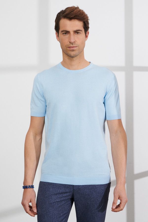 ALTINYILDIZ CLASSICS ALTINYILDIZ CLASSICS Men's Blue Standard Fit Normal Cut Crew Neck 100% Cotton Short Sleeve Knitwear T-Shirt.