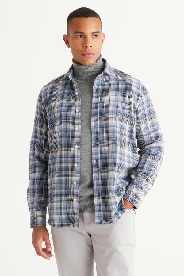 ALTINYILDIZ CLASSICS ALTINYILDIZ CLASSICS Men's Blue-White Slim Fit Slim Fit Buttoned Collar Cotton Checkered Flannel Lumberjack Shirt
