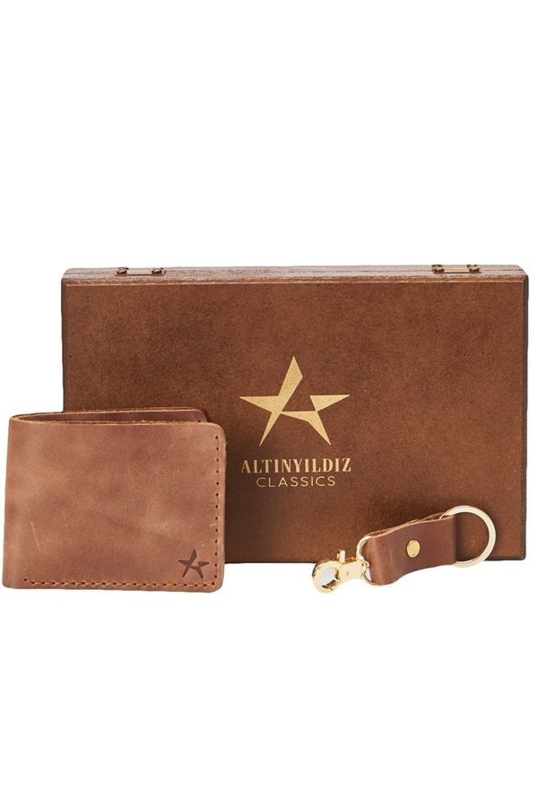 ALTINYILDIZ CLASSICS ALTINYILDIZ CLASSICS Men's Brown 100% Genuine Leather Wallet-Keychain Set with Special Gift Box