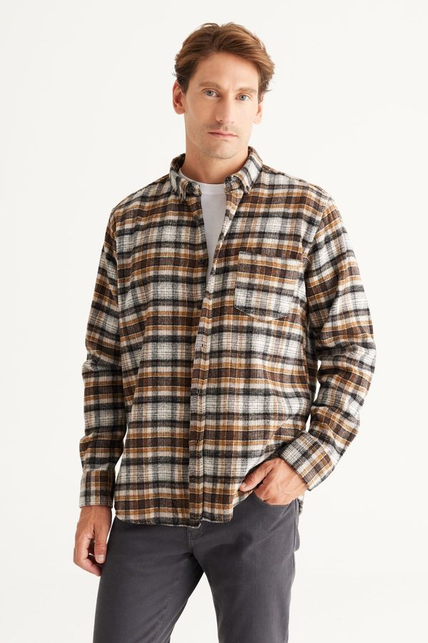 ALTINYILDIZ CLASSICS ALTINYILDIZ CLASSICS Men's Brown Ecru Comfort Fit Relaxed-Cut Buttoned Collar Checked Flannel Shirt.