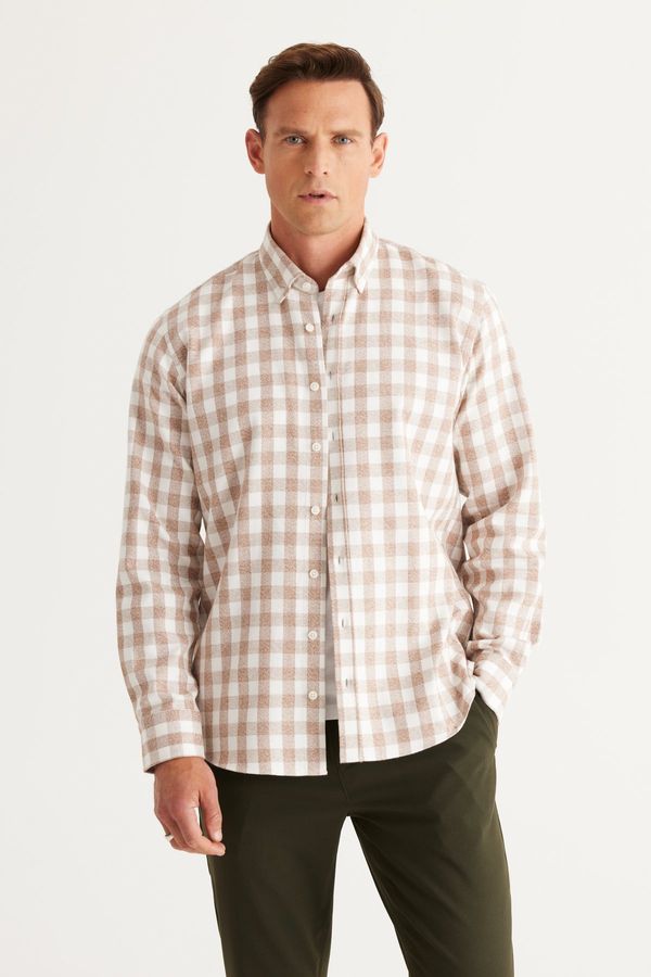 ALTINYILDIZ CLASSICS ALTINYILDIZ CLASSICS Men's Ecru-Brown Comfort Fit Flannel Lumberjack Shirt with Buttoned Collar.