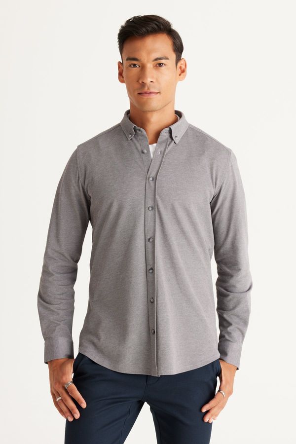 ALTINYILDIZ CLASSICS ALTINYILDIZ CLASSICS Men's Gray Slim Fit Slim Fit Button Down Collar Pique Pattern Knitted Shirt.