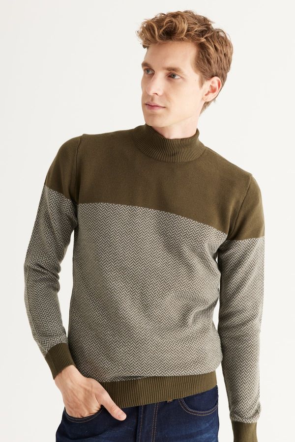 ALTINYILDIZ CLASSICS ALTINYILDIZ CLASSICS Men's Khaki-Grey Standard Fit Normal Cut, Half Turtleneck Patterned Knitwear Sweater.