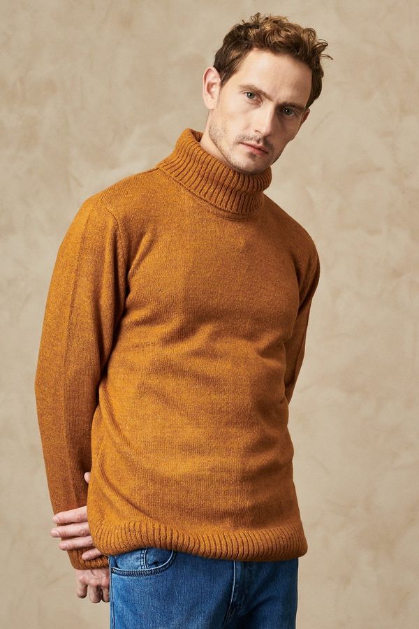 ALTINYILDIZ CLASSICS ALTINYILDIZ CLASSICS Men's Mustard Standard Fit Regular Fit Full Turtleneck Raised Soft Textured Knitwear Sweater