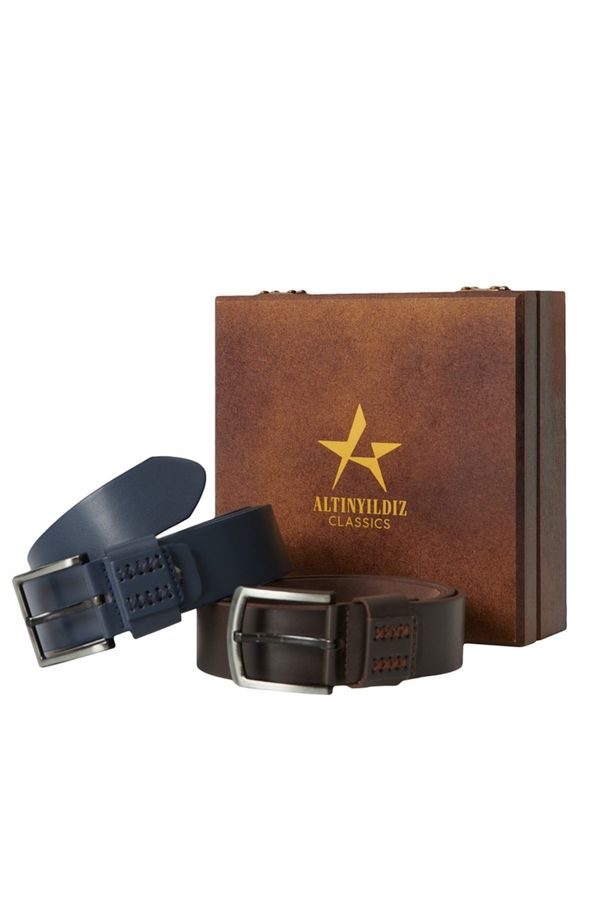 ALTINYILDIZ CLASSICS ALTINYILDIZ CLASSICS Men's Navy Blue-Brown Set of 2 Jeans Belt with Special Wooden Gift Box Groom's Pack