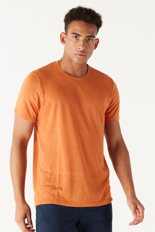 ALTINYILDIZ CLASSICS ALTINYILDIZ CLASSICS Men's Orange Slim Fit Slim Fit Crew Neck Linen Look T-Shirt