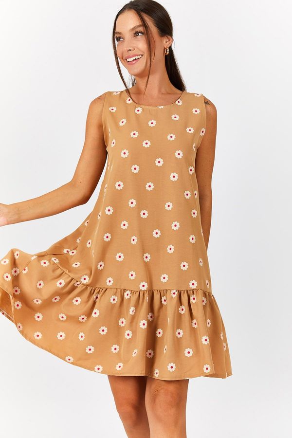 armonika armonika Women's Beige Daisy Pattern Sleeveless Skirt with Frills Dress