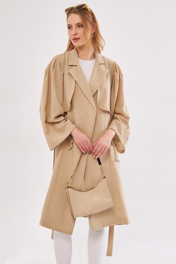 armonika armonika Women's Beige Ennea Trench Coat Sleeves Pleated Belted Cuff Laced Detail