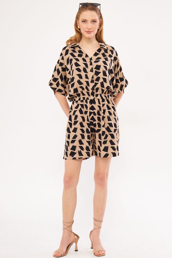 armonika armonika Women's Beige Tria Jumpsuit Shirt Collar Pocket Patterned Short