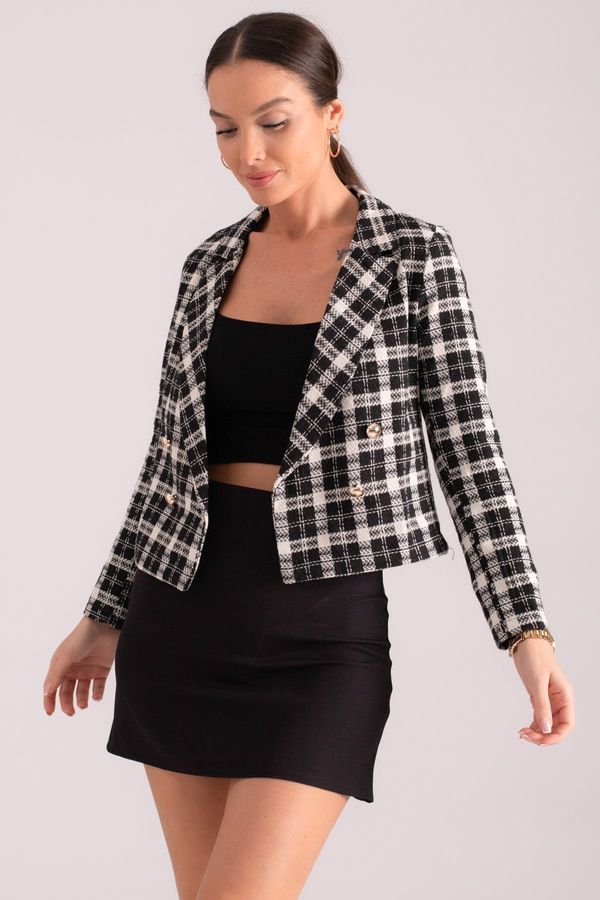 armonika armonika Women's Black and White Double Breasted Collar Tweed Crop Jacket