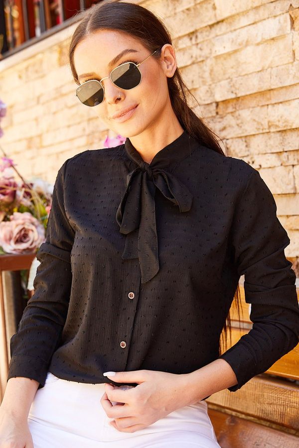 armonika armonika Women's Black Collar Tied Patterned Shirt