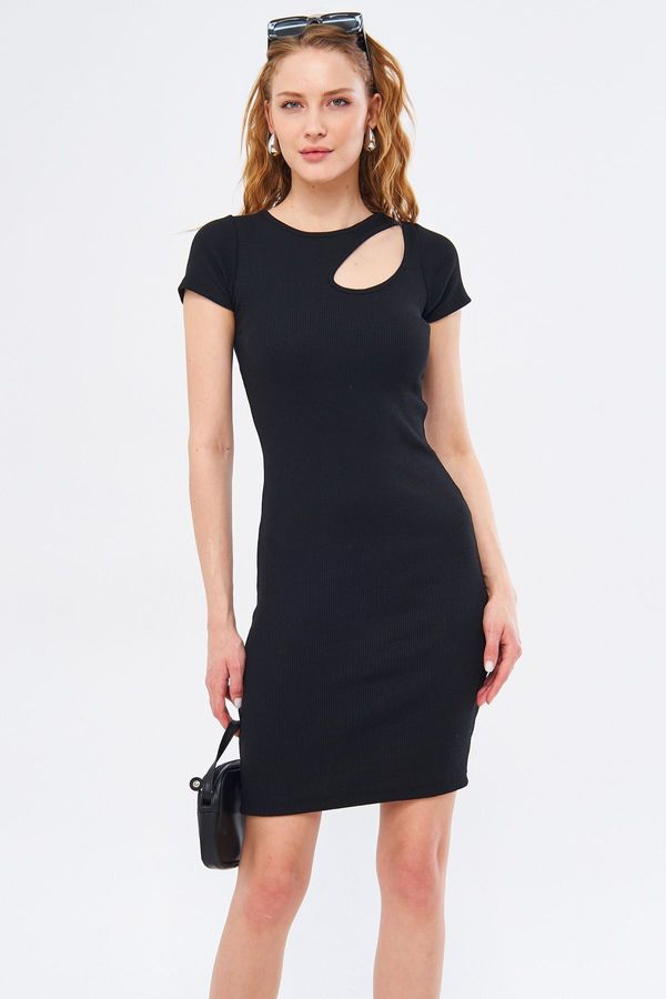 armonika armonika Women's Black Collar Windowed Short Sleeve Dress