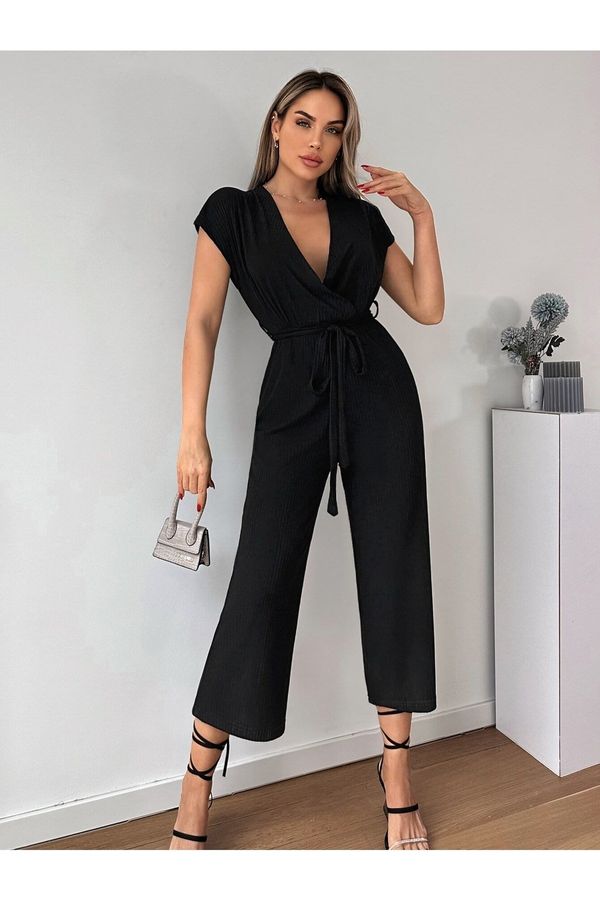 armonika armonika Women's Black Double Breasted Overalls With Belted Waist