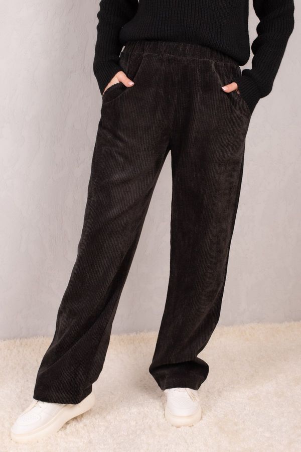 armonika armonika Women's Black Elastic Waist Pocket Wide Leg Velvet Trousers
