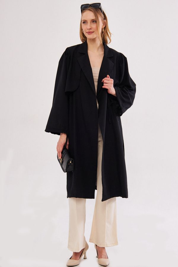 armonika armonika Women's Black Ennea Trench Coat Sleeves Pleated Belted Cuff Laced Detail