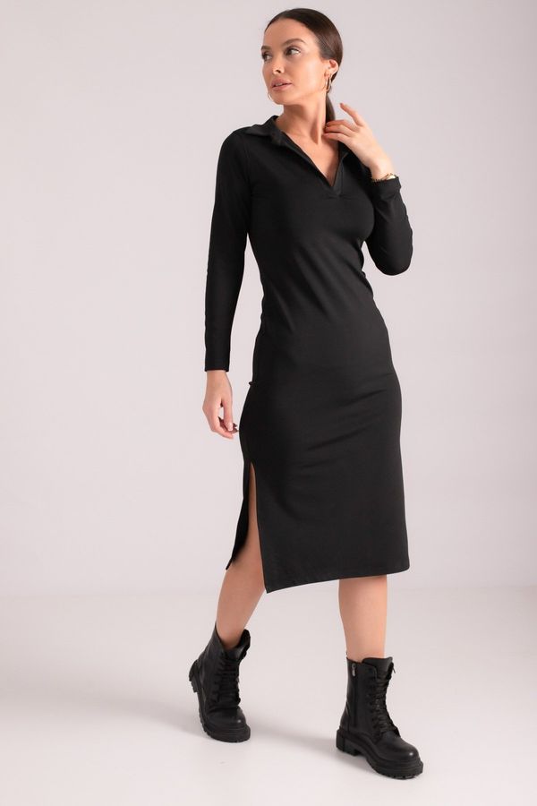 armonika armonika Women's Black Fitted Shirt Collar Long Sleeve Dress