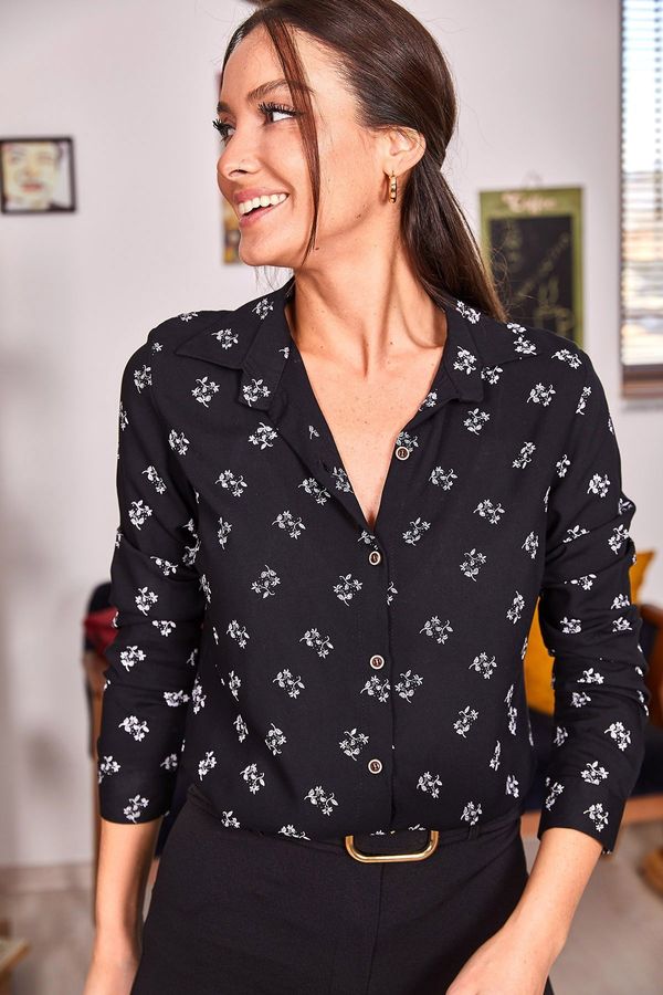 armonika armonika Women's Black Flower Pattern Long Sleeve Shirt