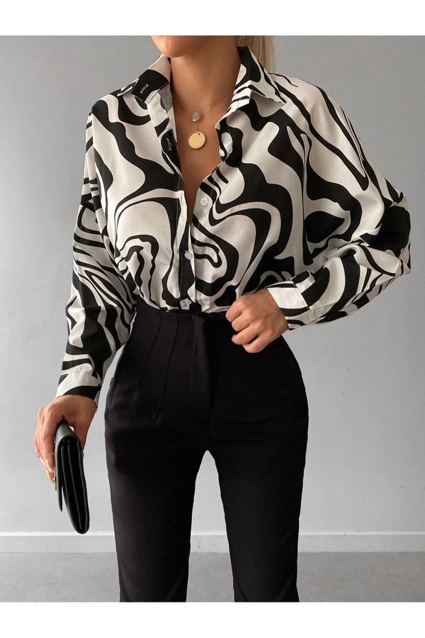 armonika armonika Women's Black Patterned Oversize Long Basic Shirt