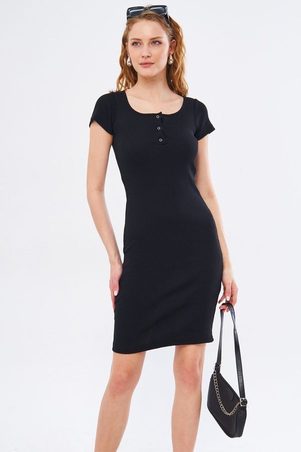 armonika armonika Women's Black Short Sleeve Dress with Snap Fasteners