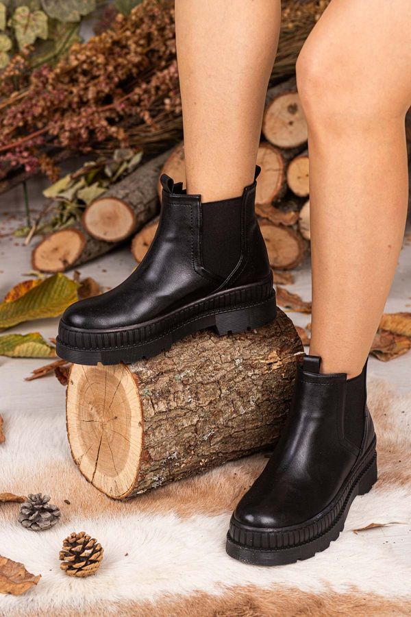 armonika armonika Women's Black Thick Flat Sole Boots with Elastic Sides
