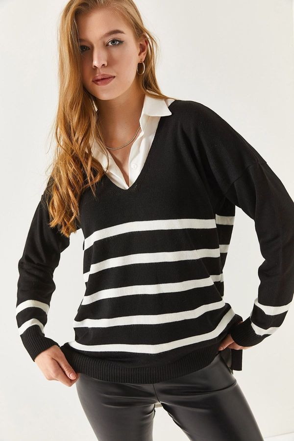 armonika armonika Women's Black V-neck Striped Short Front Long Back Sweater