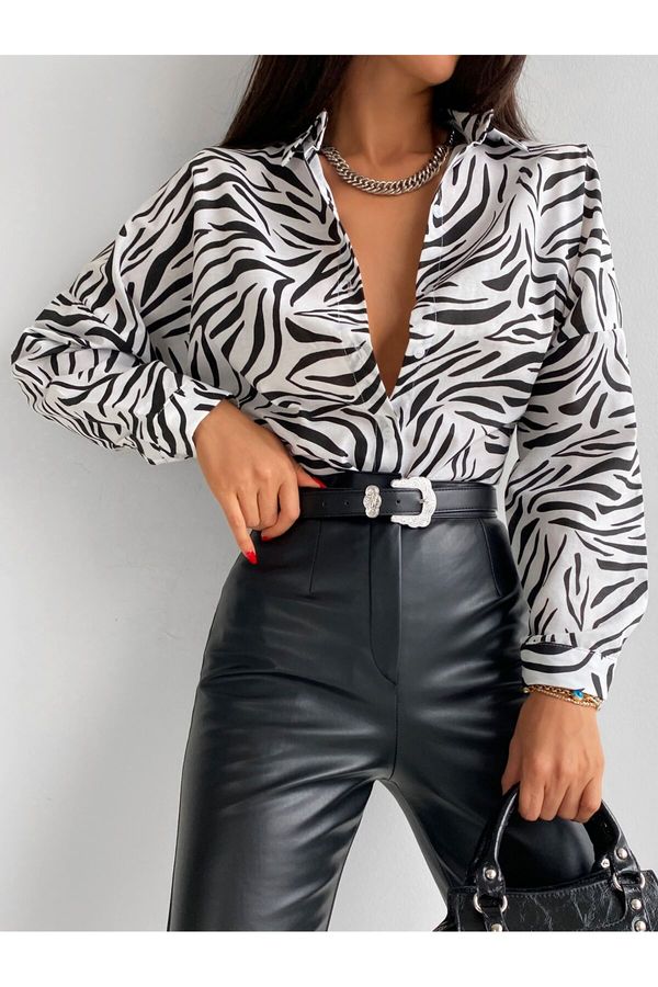armonika armonika Women's Black Zebra Pattern Oversize Long Basic Shirt