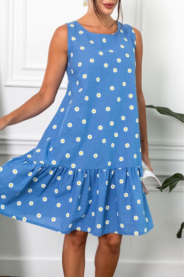 armonika armonika Women's Blue Daisy Pattern Sleeveless Frilly Skirt Dress