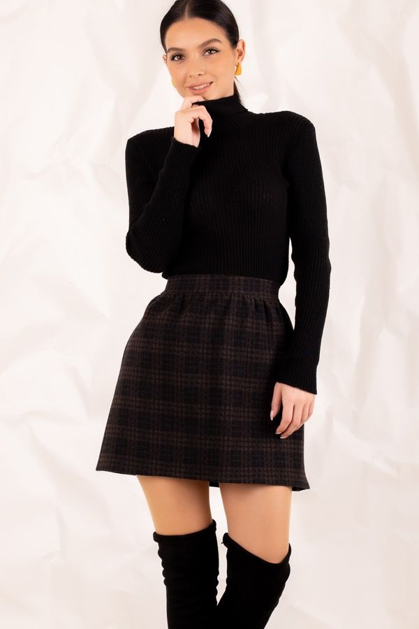 armonika armonika Women's Brown Checkered Short Elastic Waist Skirt