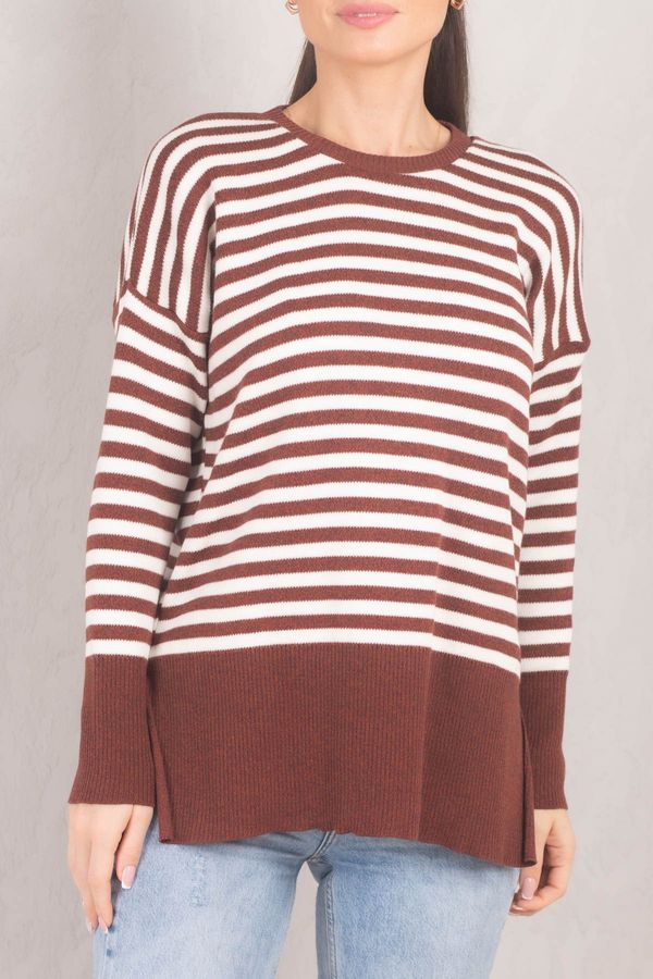 armonika armonika Women's Brown Round Neck Striped Knitwear Sweater