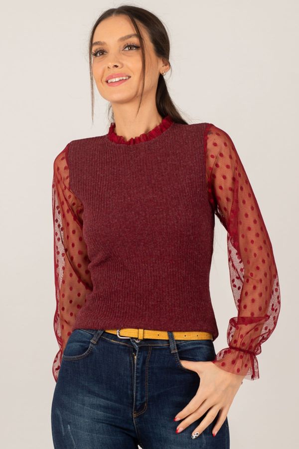 armonika armonika Women's Burgundy Sleeve and Collar Tulle Ribbed Knitwear Sweater