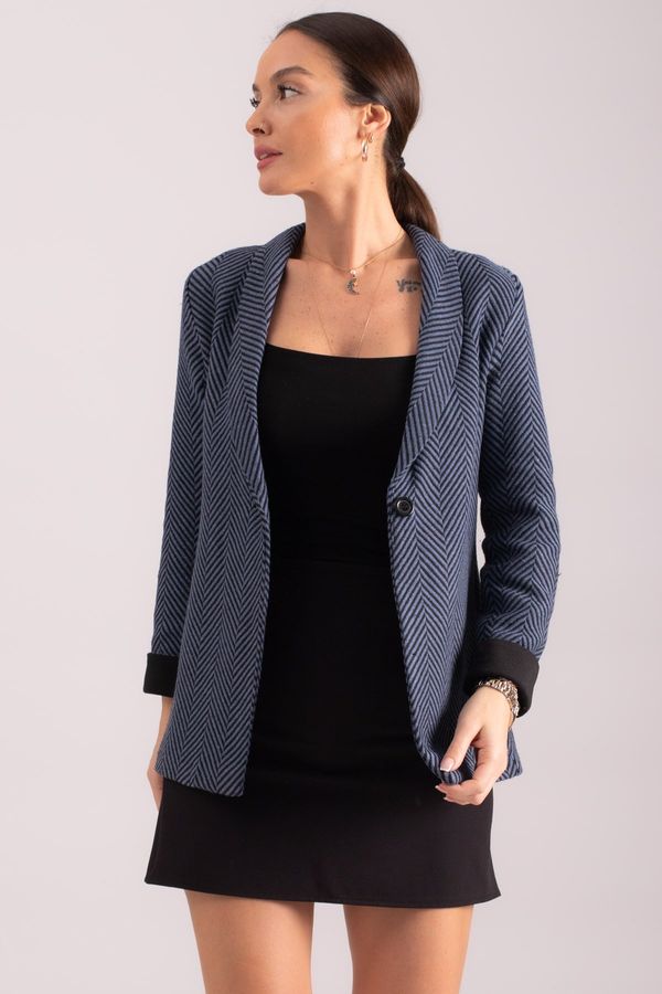 armonika armonika Women's Dark Blue Herringbone Pattern Fold Sleeve Single Button Cachet Jacket