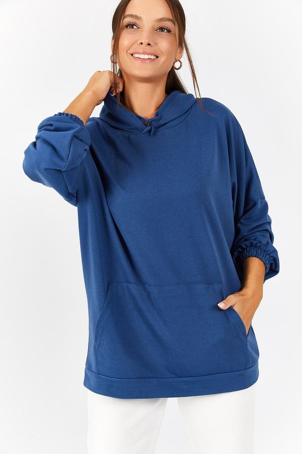 armonika armonika Women's Dark Blue Hooded Pocket Sweatshirt