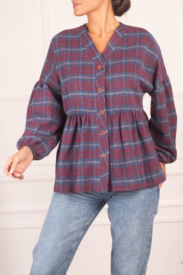 armonika armonika Women's Dark Blue Plaid Patterned Stamped Shirt with Smocking Bottoms and Elasticated Sleeves