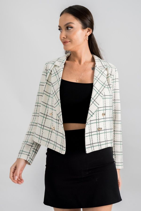 armonika armonika Women's Dark Green Double Breasted Collar Tweed Crop Jacket