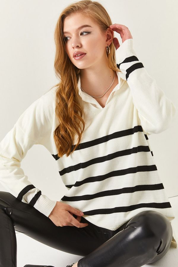 armonika armonika Women's Ecru V-Neck Striped Sweater Short in the Front and Long in the Back