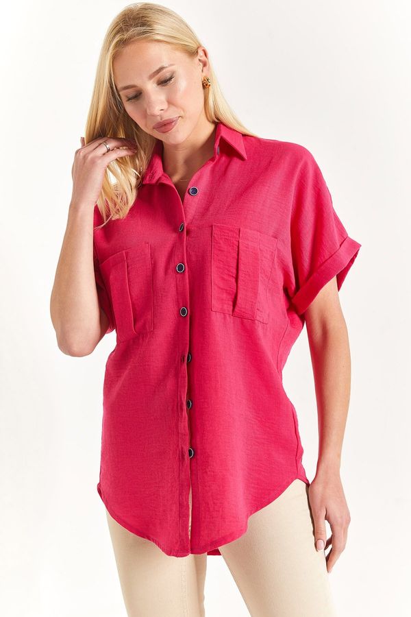 armonika armonika Women's Fuchsia Double Pocket Detailed Back Robe Linen Shirt