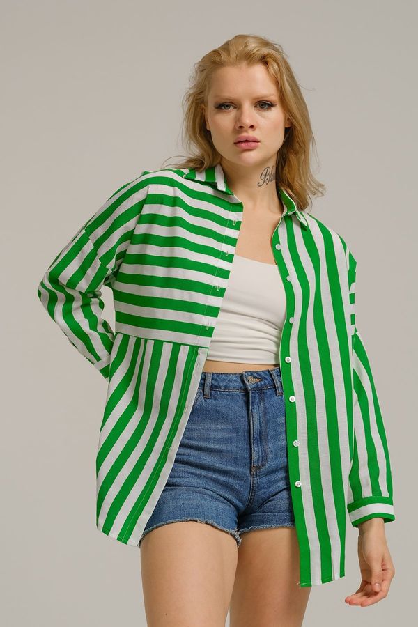 armonika armonika Women's Green Asymmetric Striped Overszie Long Basic Shirt