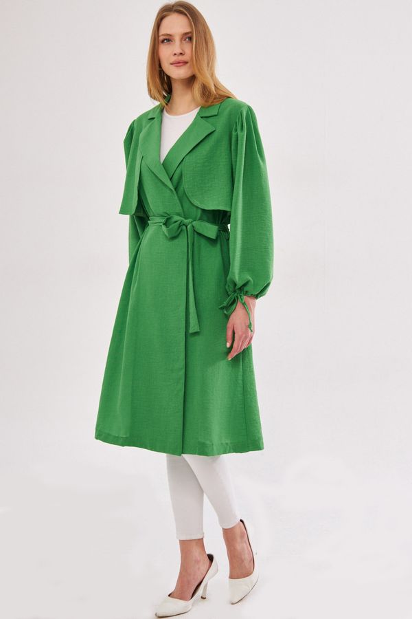 armonika armonika Women's Green Ennea Trench Coat Sleeves Pleated Belted Cuff Laced Detail