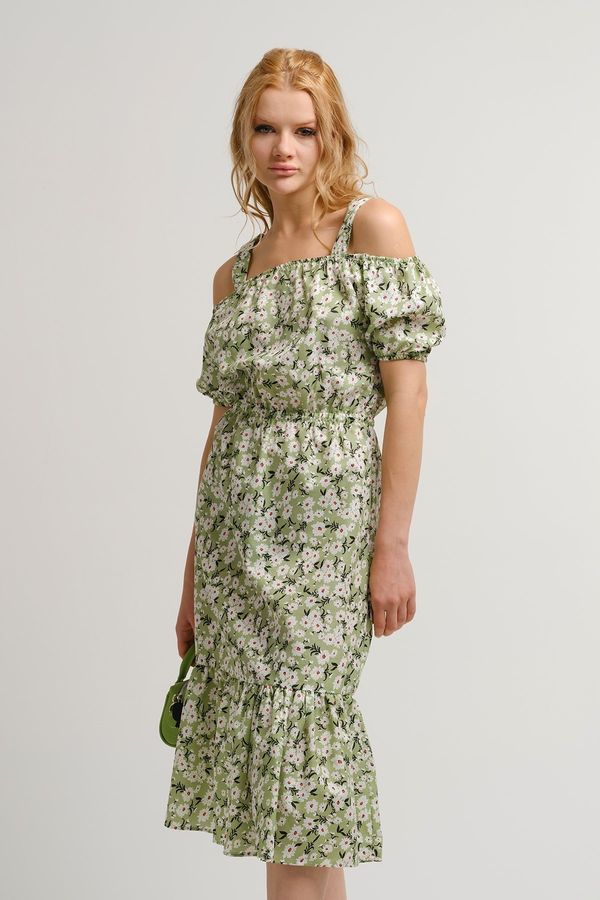 armonika armonika Women's Green Patterned Elastic Waist Strap Dress