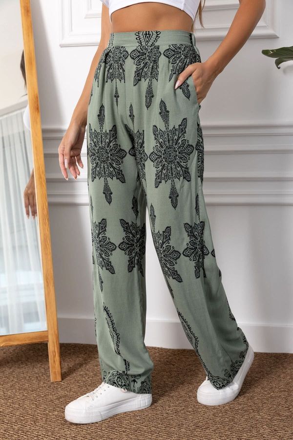 armonika armonika Women's Green Patterned Wide Leg Palazzo Trousers