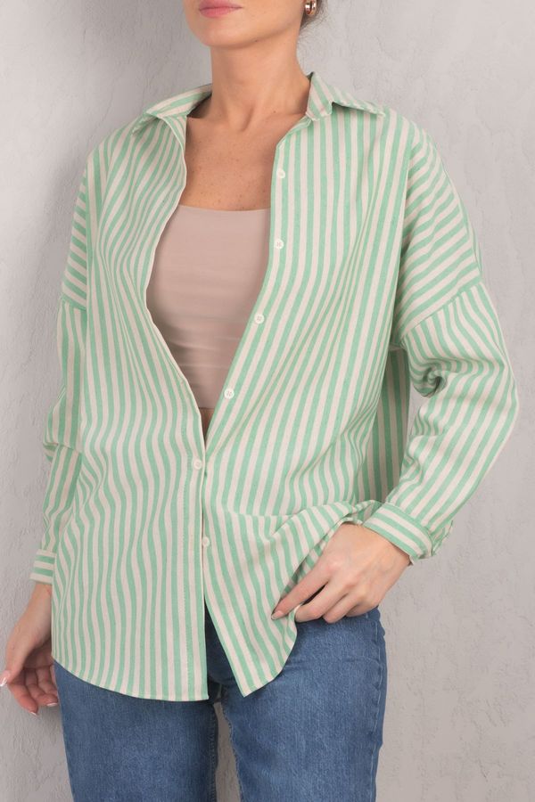 armonika armonika Women's Green Striped Oversize Long Basic Shirt