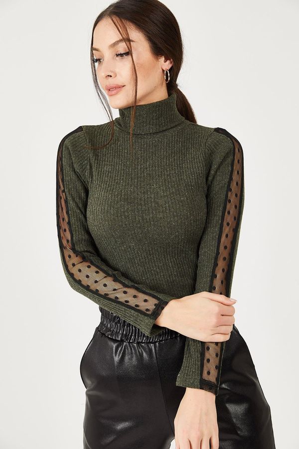 armonika armonika Women's Khaki Neck Sleeve Lace Detail Knitwear Sweater