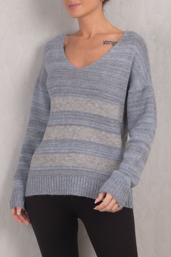armonika armonika Women's Light Blue Lily V-Neck Striped Knitwear Sweater