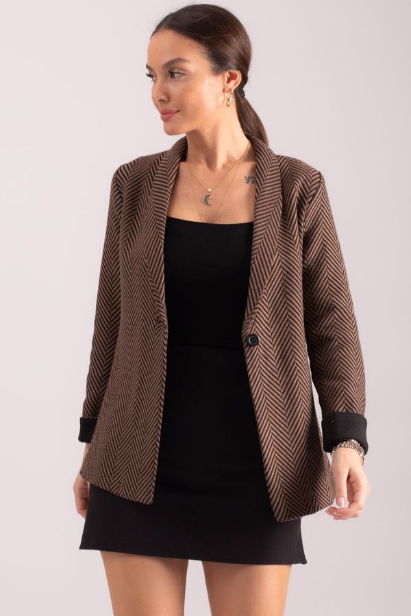 armonika armonika Women's Light Brown Herringbone Pattern Sleeve Fold Single Button Cachet Jacket