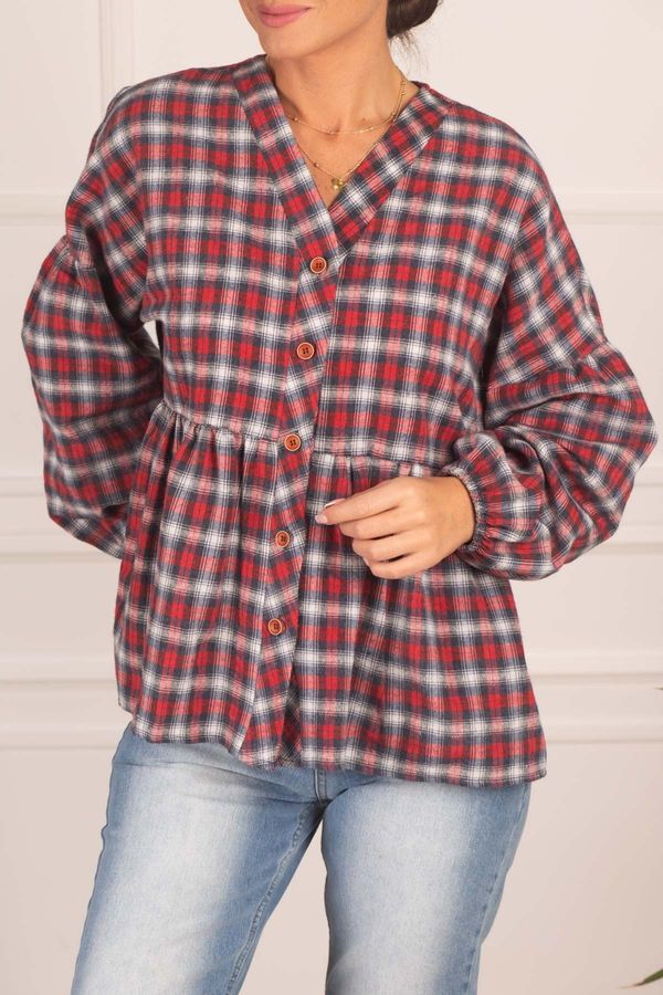 armonika armonika Women's Light Navy Blue Bottoms Checkered Stamped Stamp Shirt with Smocked Sleeves and Elasticated