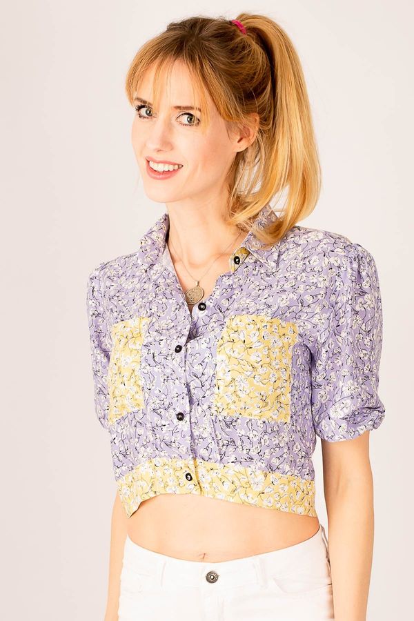 armonika armonika Women's Lilac Crop Shirt with Elastic Sleeves, Pocket, Back Detail