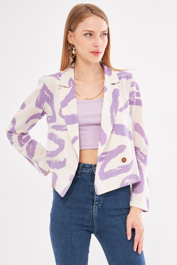 armonika armonika Women's Lilac Double Breasted Collar Patterned Crop Jacket